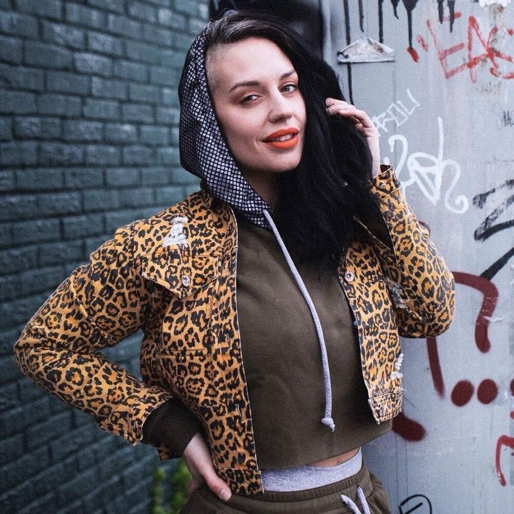 NWT Celestial Bodiez rebel leopard blackout collection denim jacket size large